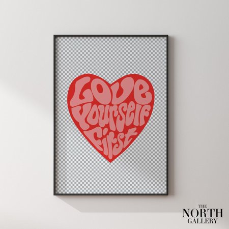 Love Yourself First Print Red Heart Retro Wall Art