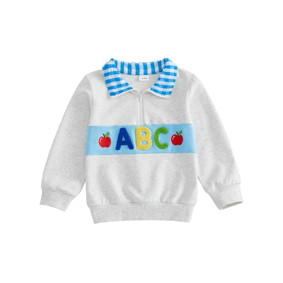 RUINIXCW Boys Quarter Zip Sweatshirt Back to School Letter Embroidery Plaid Lapel Long Sleeve Pullover