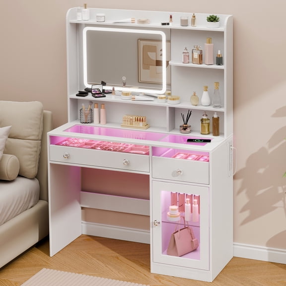 Satifur Modern LED Vanity Desk with Charging Station & Storage, White Makeup Table for Bedroom