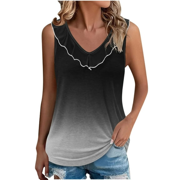 ZQGJB Womens Summer Tank Tops Casual Sleeveless Tie Dye Gradient Color Printed Tunic Top Loose Fit Ruffled Trim V Neck Shirts Black L