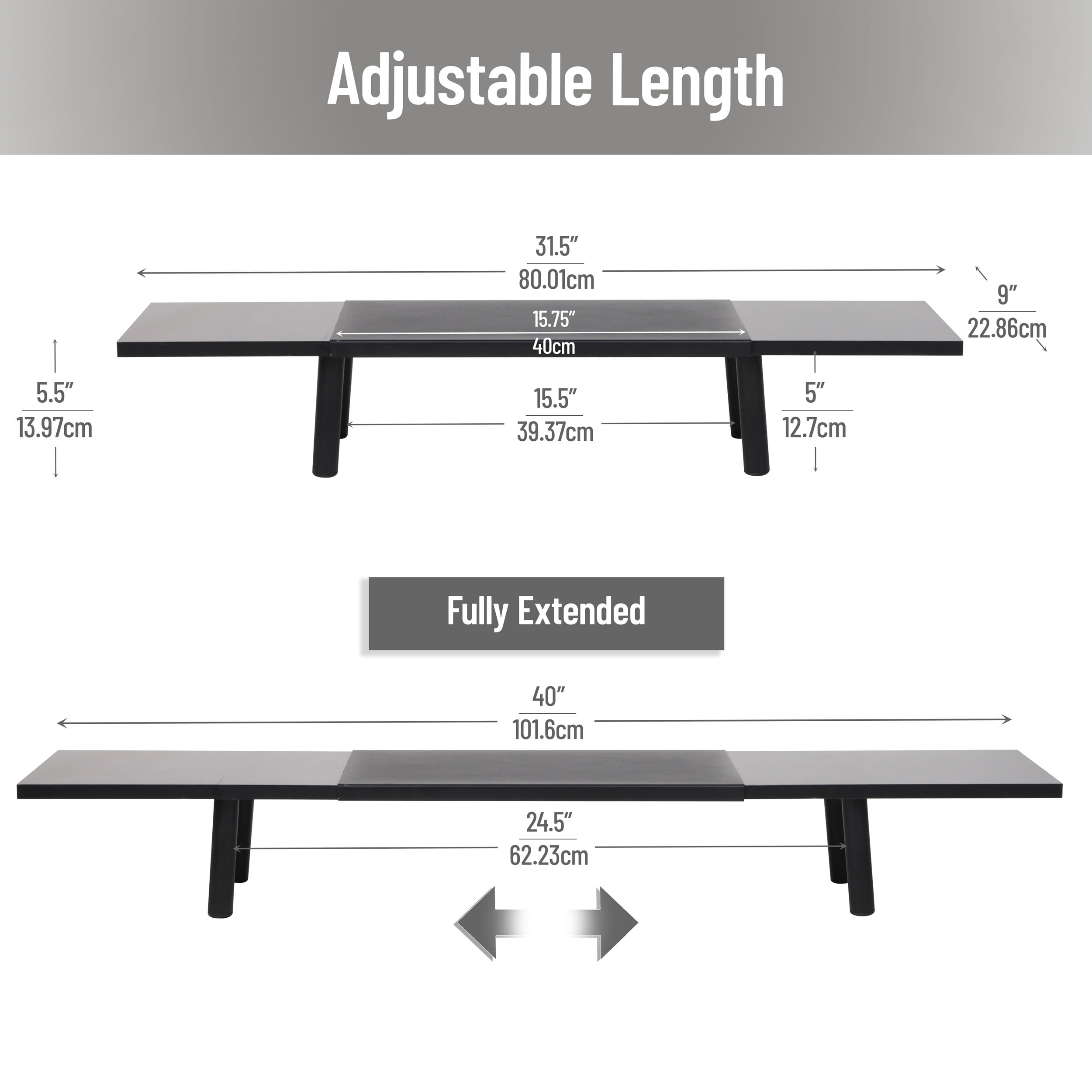 Mind Reader Extendable Monitor Stand, Adjustable Desktop Riser for Dual Monitors, Printers, Laptops, TV, 31.5–40 Inch Width, 88 lb Capacity, Metal and MDF Wood, Black