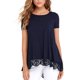 thumbnail image 3 of Sonducket Camiseta de mujer Color sólido Suelta Top básico Encaje Dobladillo hueco Manga corta Blusa de cuello Prendas para la parte del cuerpo Azul oscuro L, 3 of 6