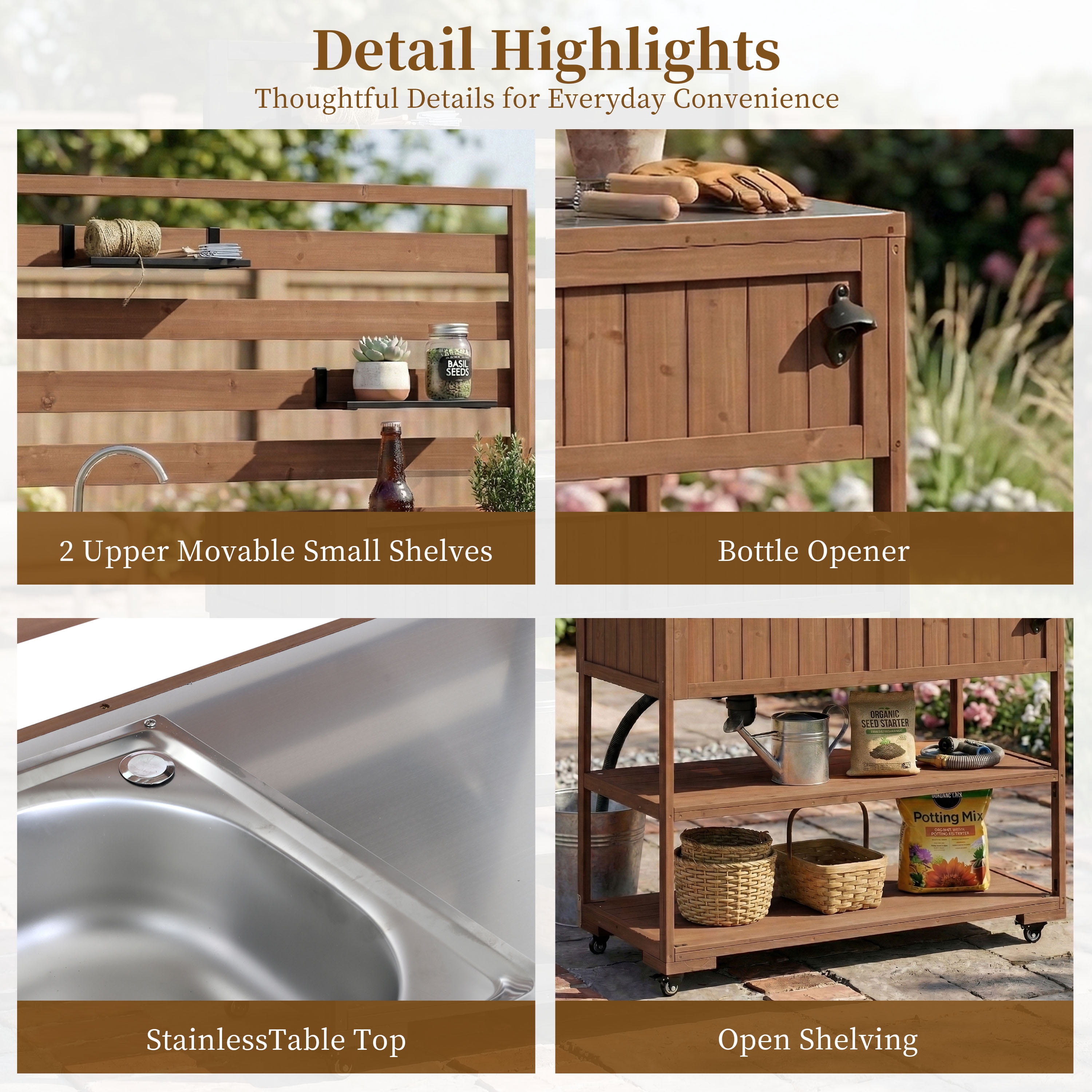 Rolling Kitchen Island, 41.7 Inch Large Solid Wood Outdoor Cart with Sink for Patio Backyard, Brown