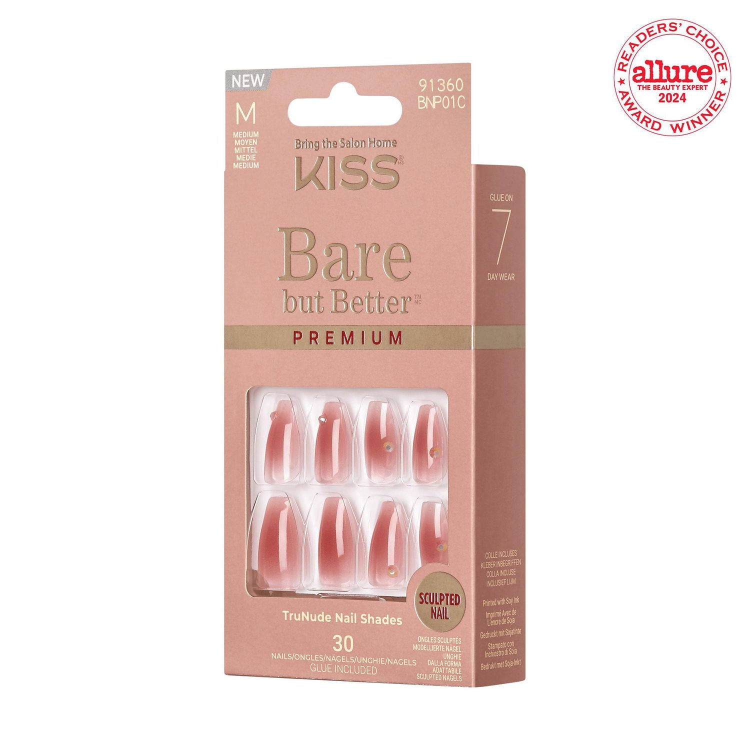 KISS Bare but Better Premium, Shine, Medium Coffin, 30 count., Shine