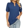 thumbnail image 2 of Homenesgenics Womens Tops under $5 Fashion Women's Casual Solid Color Stand-up V-Neck Short Sleeve Shirts Tops Blouse Blue XL, 2 of 5