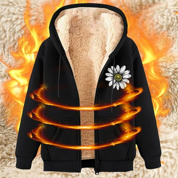 Fartey Womens Fleece Lined Jackets Trendy Long Sleeve Zip Up Drawstring Coats Furry Comfy Jacket with Pockets Funny Floral Print Outerwear