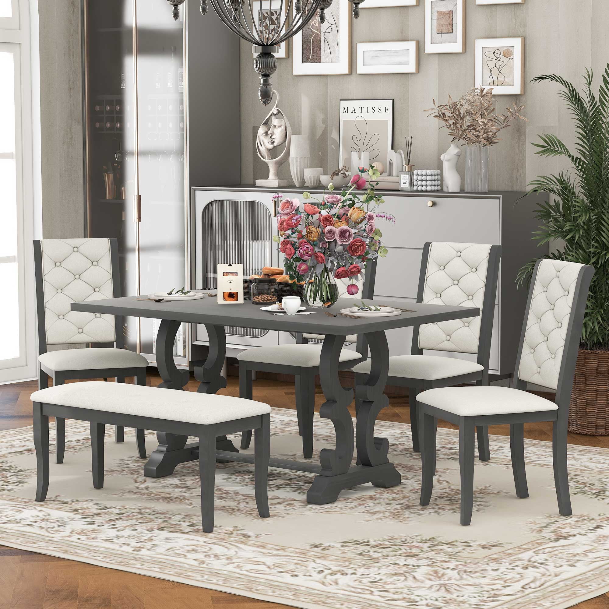6 Piece Dining Table Set, Retro 6-Person Dining Table Unique-designed