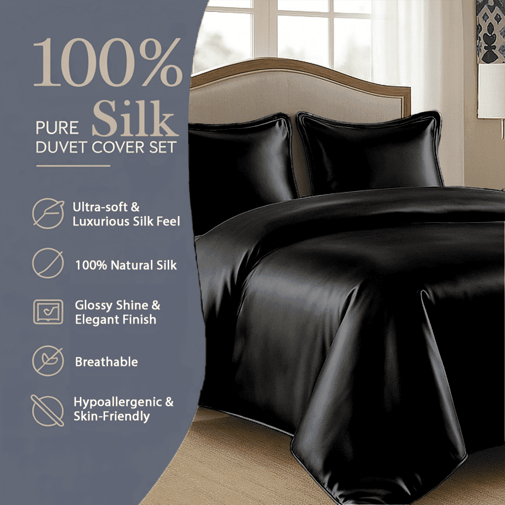 Amay Satin Silk California King Duvet Cover Set (98"×104", Black ) – Elegant Shine & Comfort – Ideal for Long Beds, Luxury Bedrooms – 3-Piece Set
