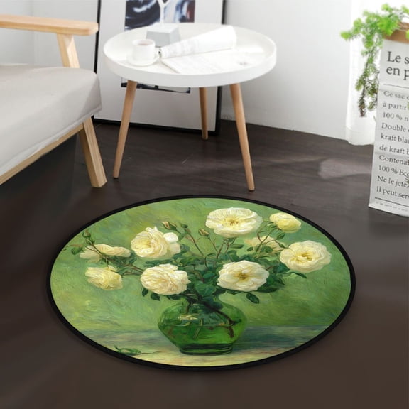 36.2 Inch Round Floor Mat White Roses in A Vase Carpet Decor Rug for Living Room Bedroom