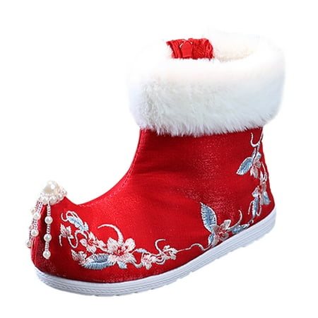 

cngelg Toddler Gilrs Rubber Sole Warm Winter Snow Boots Embroidery Print Cloth Boots Baby Girl Boots Booties for Toddlers Winter Shoes for Toddler Girls