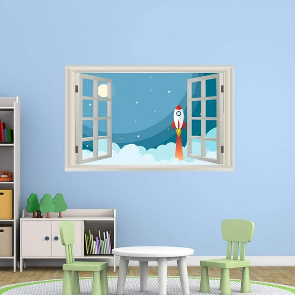 VWAQ Kids Spaceship Wall Decal Window Sticker 3D Outer Space Peel and Stick - NWT28 36"H X 54"W