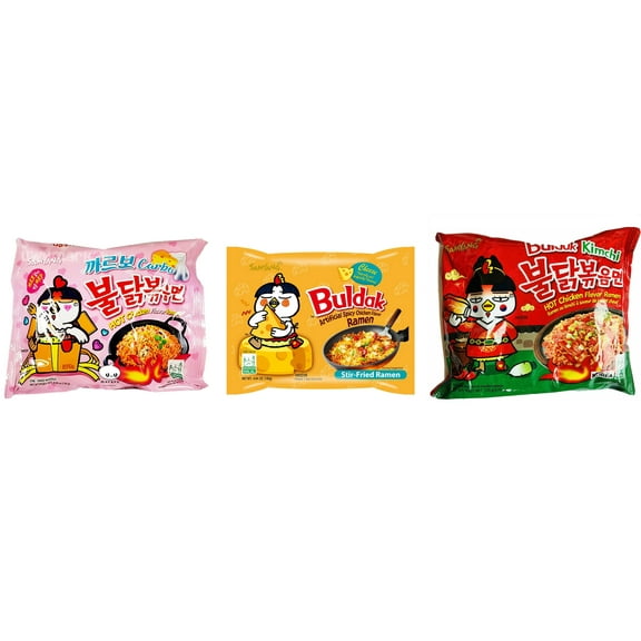 3 Packs Samyang Korean Artifical Spicy Chicken Stir Fried Ramen Roasted Noodles 3 Different Flavors (Carbonara,cheese,kimichi) Plus NineChef Brand Long Handle Coffee Spoon