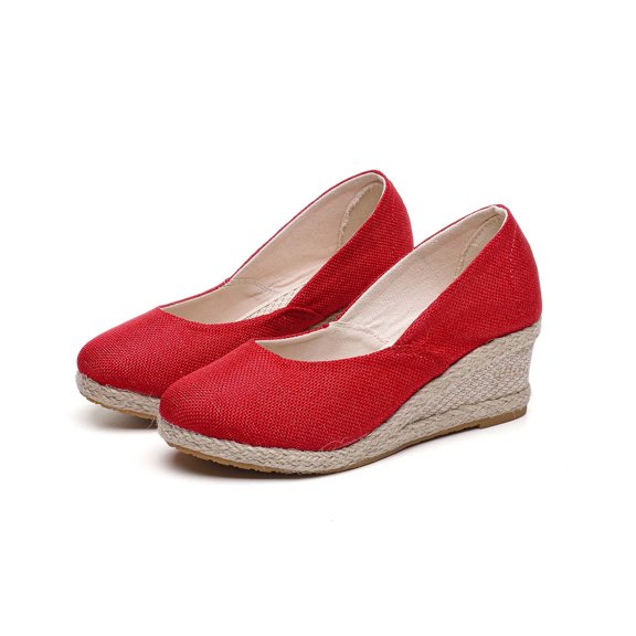 Xfvqtps Womens Espadrille Shoes Flatform Wedge Close Toe Slip on Flax Solid Color Simple Non Slip Lightweight Breathable Summer Beach High Heels Red