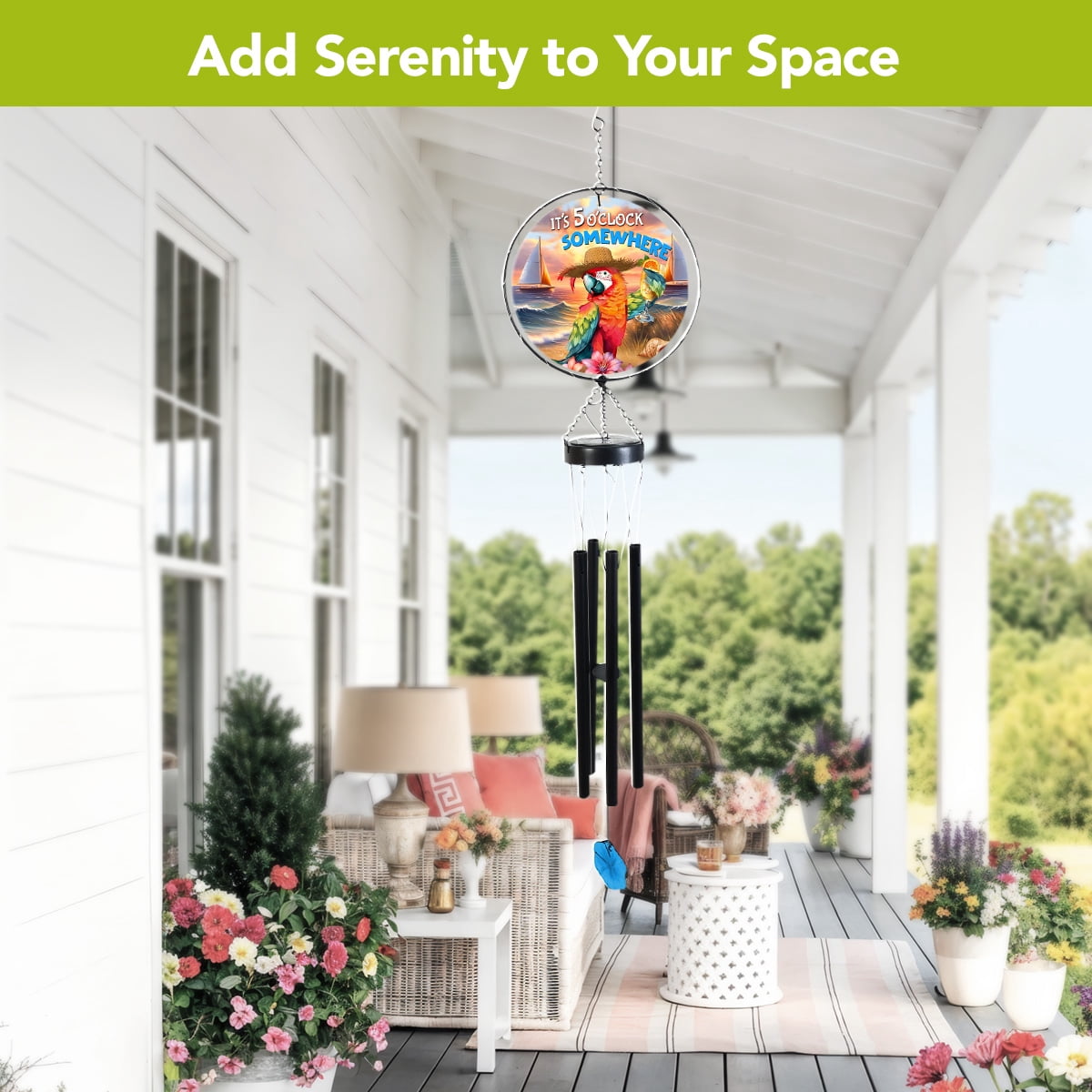 Briarwood Lane Summer LED Illuminated Solar Powered Glass Suncatcher  Wind Chime 37x8 Sunset Parrot For Summer Wind Chime For Outdoors Melodic Metal Windchimes Wind-Chimes