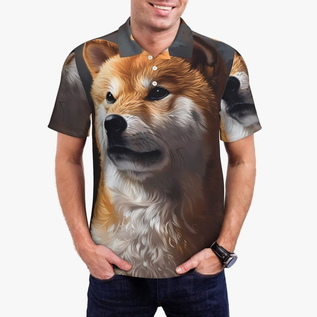 Balery Regal Shiba Inu Camisa Polo de Hombre con Estampado, de Manga Corta y Tejido Medio, Camisa Tipo Golf Polo-Large