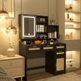 thumbnail image 2 of PORKISS Lighted Vanity Desk, Wood Makeup Vanity Table with Sliding Mirror and LED Lights, Modern Dressing Table with Cabinet, Drawers and Shelves, Rattan Makeup Vanity for Bedroom, Black, 2 of 10