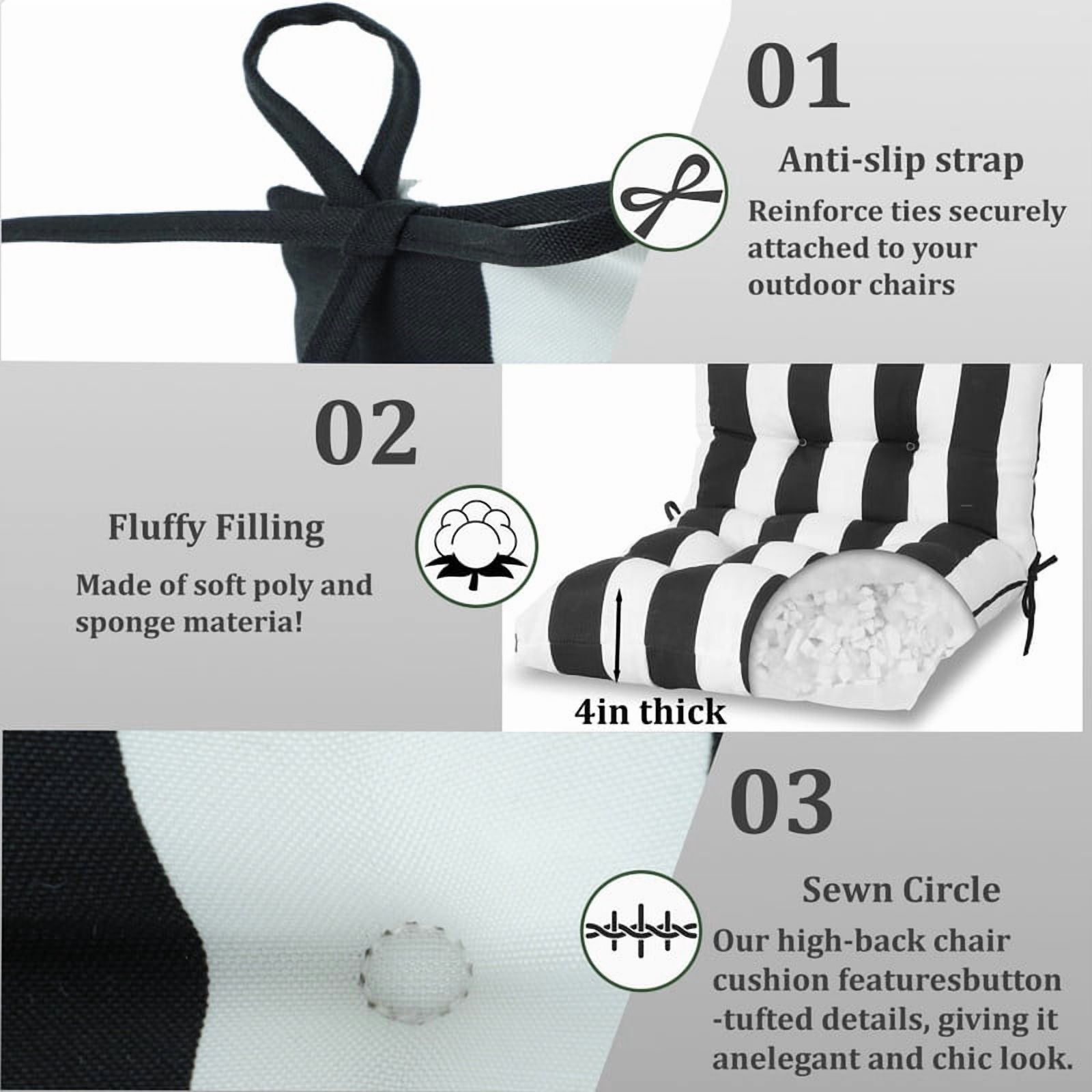 Outdoor High back patio chair cushions, rocking chair cushion set of 2, Waterproof lawn chair cushions with Ties, Seat cushions and Back cushions for Indoor and Outdoor（Black and white）