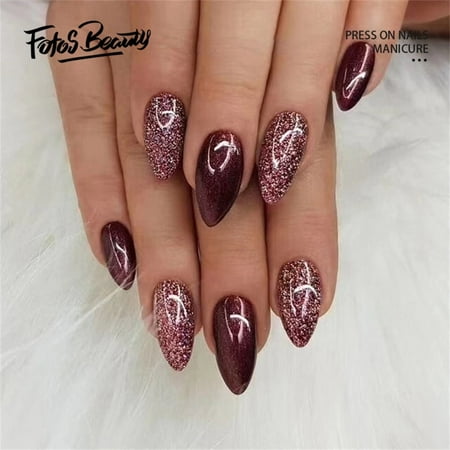 Fofosbeauty Christmas Nails 24pcs Press on False Nails Tips, Almond Acrylic Nails, Powder Cherrry Red