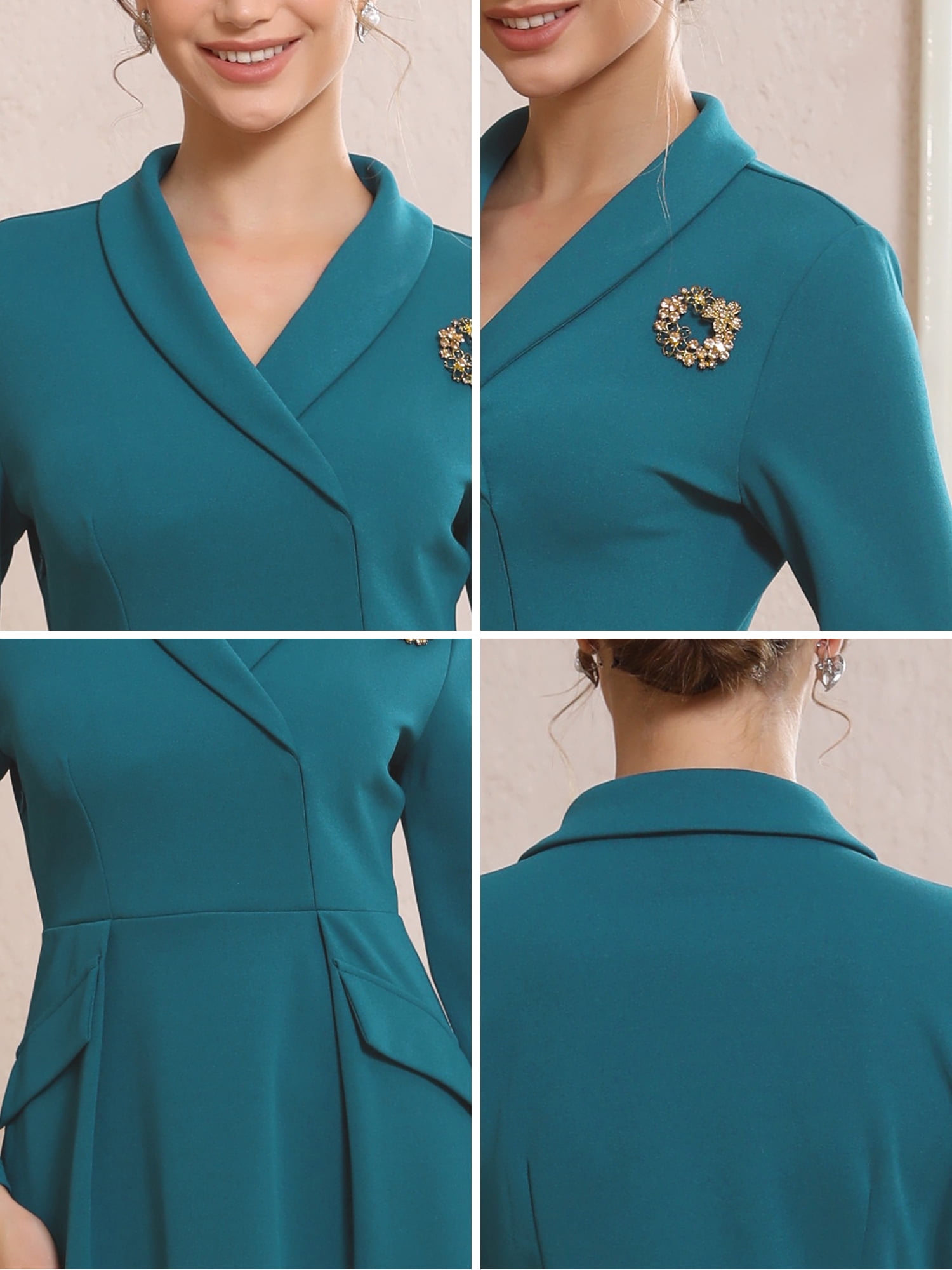 DARING DIVA Women's Collared V Neck Long Sleeve Blazer Dresses with Brooch S Blue Green