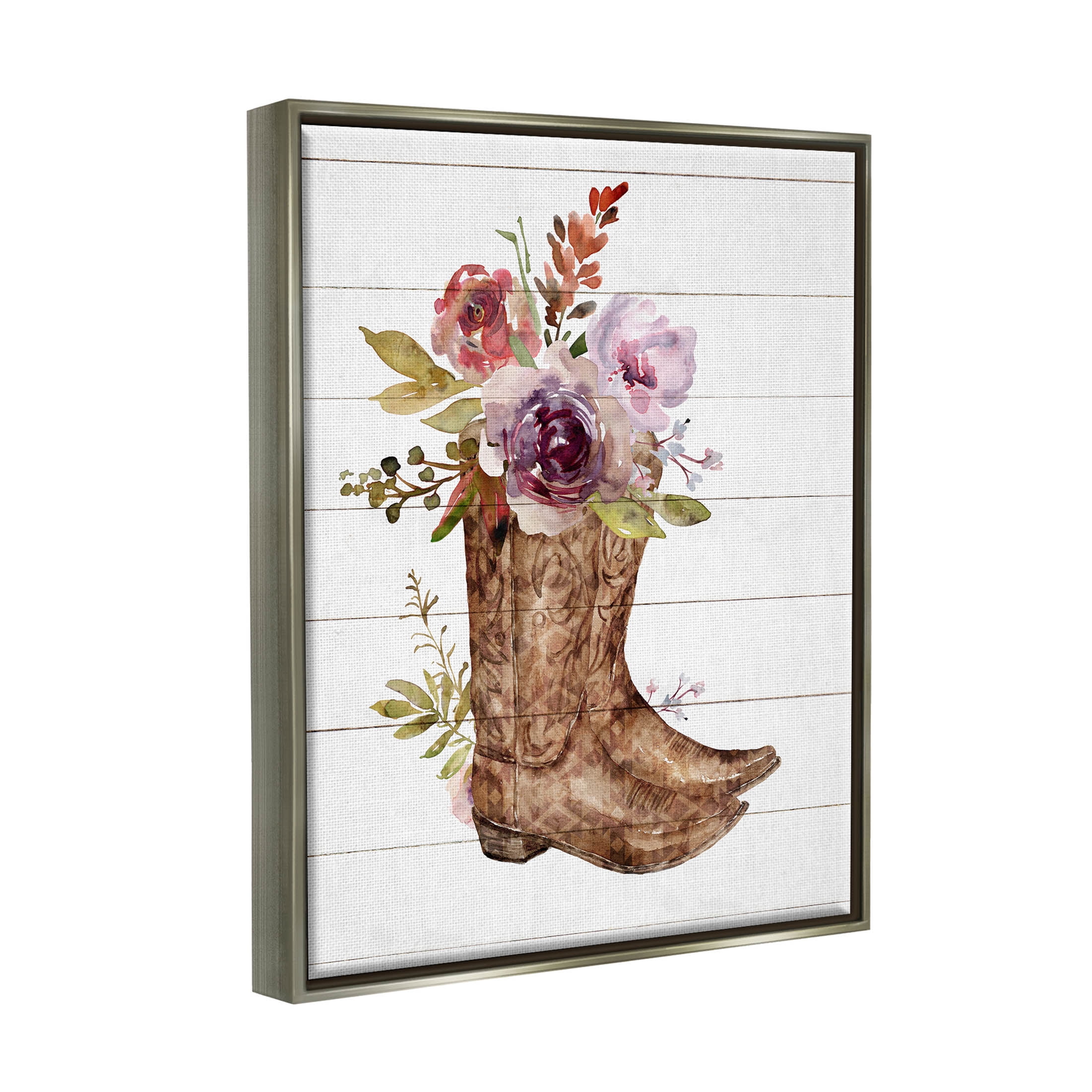 Stupell Industries Country Floral Boots Arrangement Graphic Art Luster Gray Floating Framed Canvas Print Wall Art, Design by Nina Blue