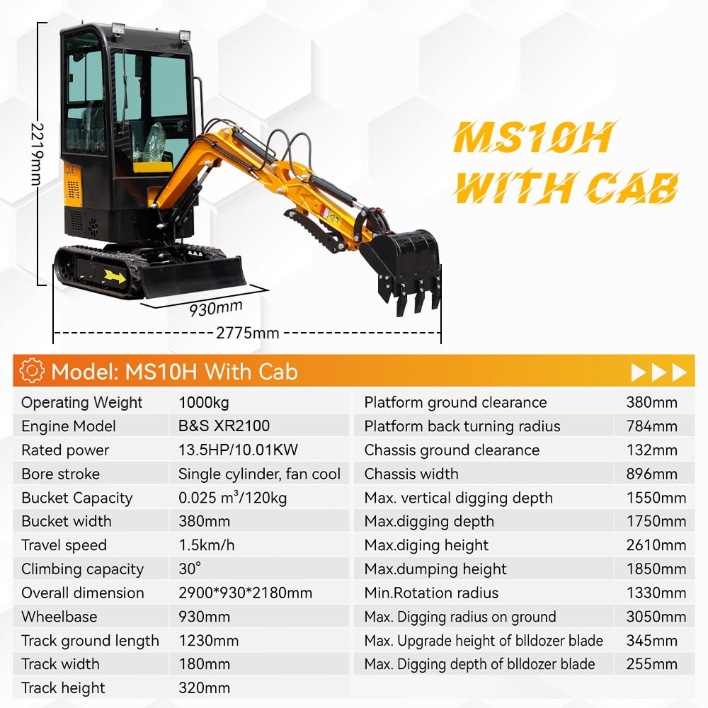 MMS 13.5HP 420CC Mini Excavator With B&S GAS Engine Crawler Hydraulic MS10HCAB 1 Ton Small Digger Enclosed Cab Excavator for Construction Work Gardens and Farm