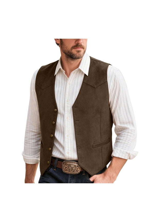 Men's Suede Leather Vest Western Cowboy Vest Slim Fit Sleeveless V Neck Waistcoat Casual(Coffee,XL)