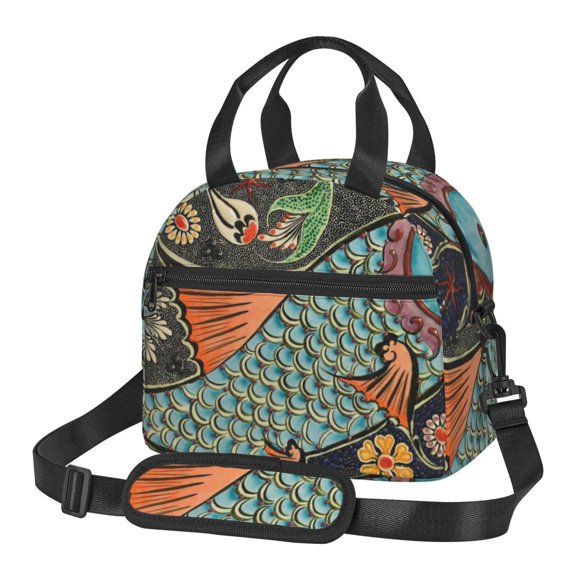 Xecao Rich Fish Pattern Thermal Tote Lunch Cooler Bag with Front Utility Pocket Lightweight Insulation Tech Gym Office Commute Ready
