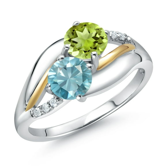 Gem Stone King 925 Sterling Silver and 10K Yellow Gold Blue Zircon Green Peridot and Lab Grown Diamond 2 Stone Engagement Ring for Women (1.44 Cttw, Round 5MM, December Birthstone, Size 6)