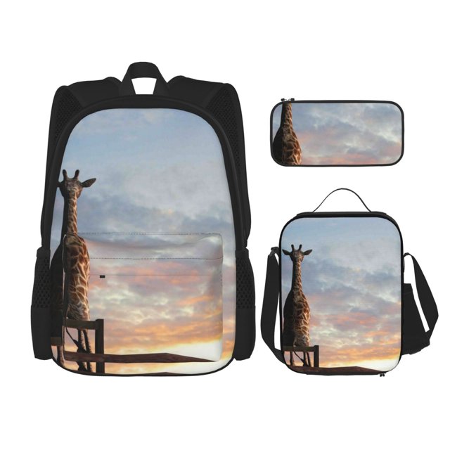 Easygdp Elephant Giraffe Mochila para Niños y Niñas con Set de Caja de Almuerzo y Estuche para Lápices 3 en 1, Mochila Escolar Estampada para Adolescentes
