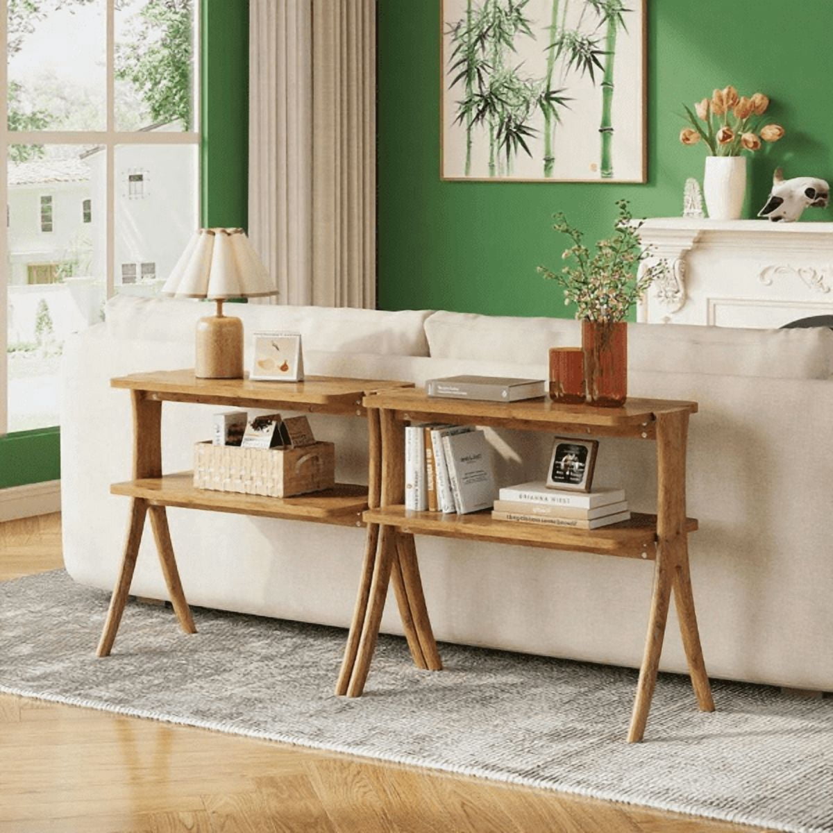 2-Tier Narrow Side Table, Walnut Wood Grain, Herringbone Legs, for Small Spaces/Living Room/Bedroom