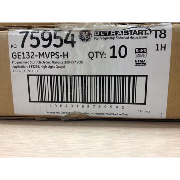 10 Ge 75954 Ge132-Mvps-H 120-277V Electronic One LAMPT8 Programmed Start Ballast
