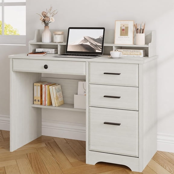 Catrimown Computer Desk with Drawers, Wood Home Office Desk with Monitor Stand, PC Desk with Monitor Stand, White Oak