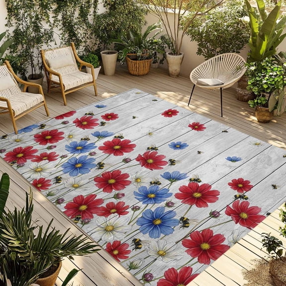 Red Blue Floral Outdoor Rug for Patio/Deck/Porch, Non-Slip Large Area Rug 5 x 8 Ft, Independence Day Flowers Grey Wooden Indoor Outdoor Rugs Washable Area Rugs, Reversible Camping Rug Carpet Runner