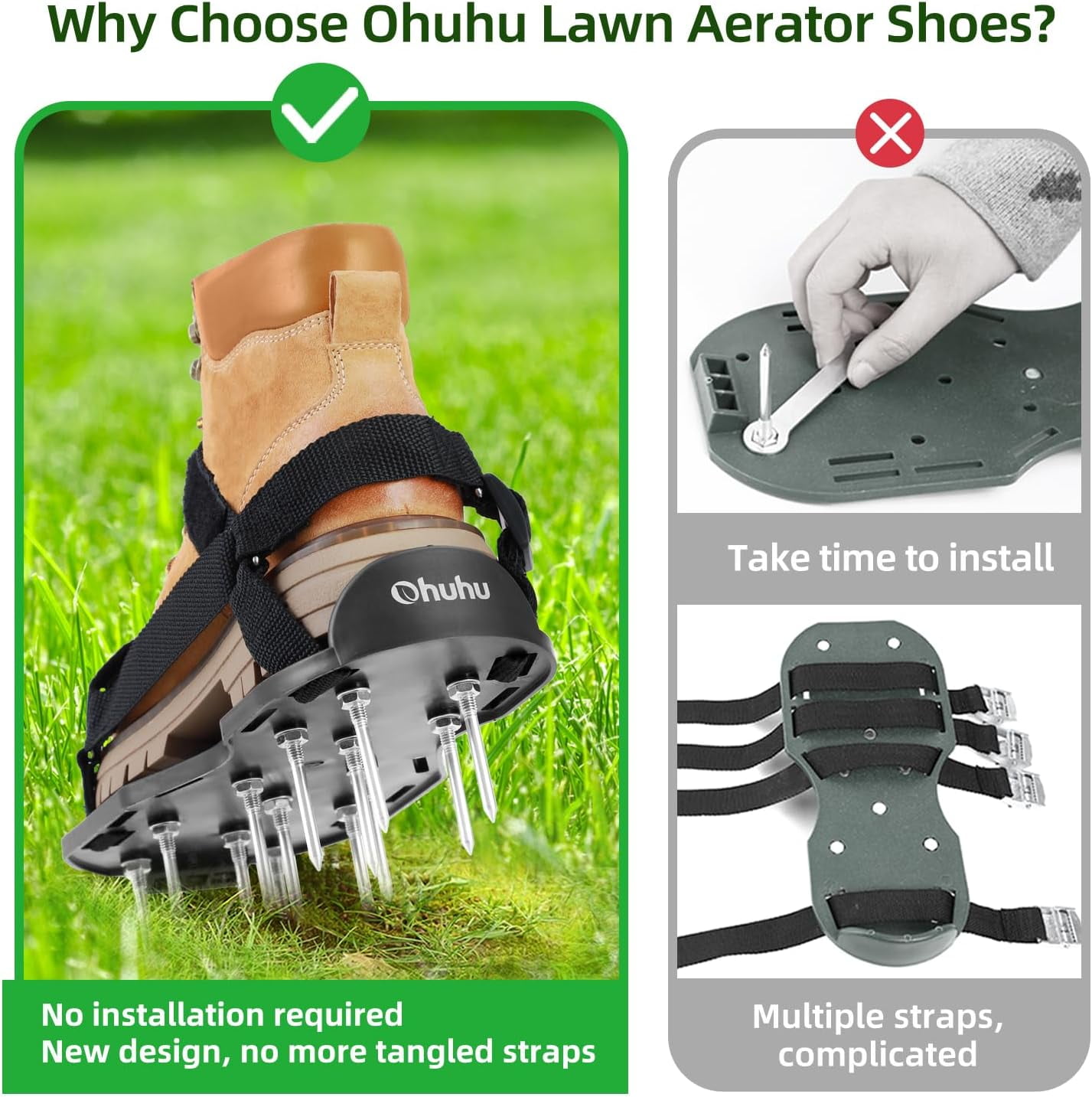 Lawn Aerator Shoes with Stainless Steel Shovel, Free-Installation Aerating Shoe Hook&Loop Straps, Heavy Duty One-Size-Fits-All Spiked Sandals for Garden Grass