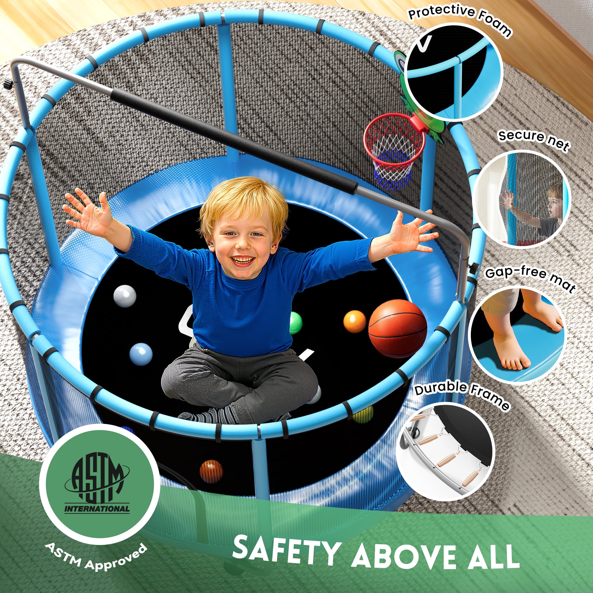Trampoline for Kids, 60" Toddler Mini Trampoline with Enclosure Net, Basketball Hoop