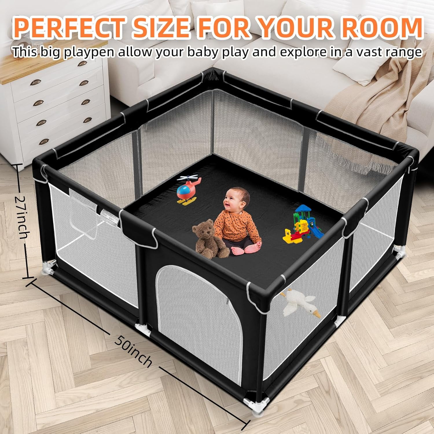 kmaier Baby Play Yards 360° Visual Playpen,Handle and Storage Bag Attached, Black