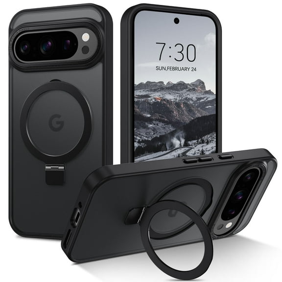 DOMAVER Magnetic Case for Google Pixel 9 Pro XL 6.8" with Stand, Compatible with Mag-Safe Shockproof Slim Translucent Matte Anti-Slip, Black