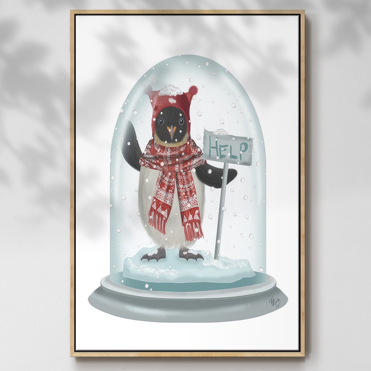 Christmas Penguin Snow Globe - Framed Gallery Wrapped Holiday Canvas - 27 x 41 - Natural Wood Frame