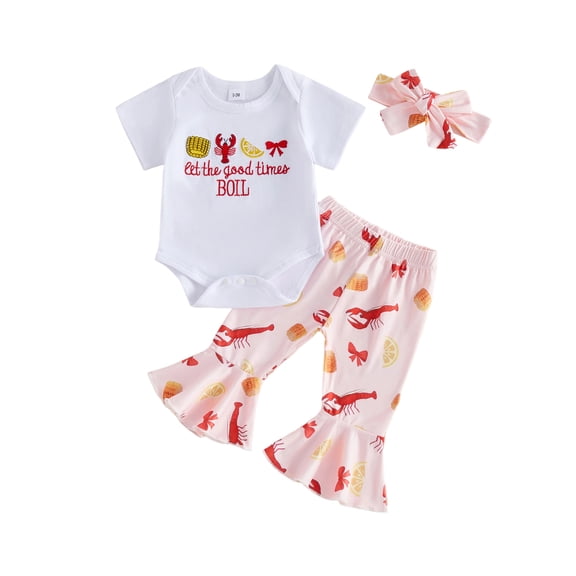 BemeyourBBs Infant Baby Girl Crayfish Outfit Summer Clothes Short Sleeve Lobster Corn Embroidery Romper Let The Good Times Boil Shirt Flare Pants Bell Bottoms And Headband Set