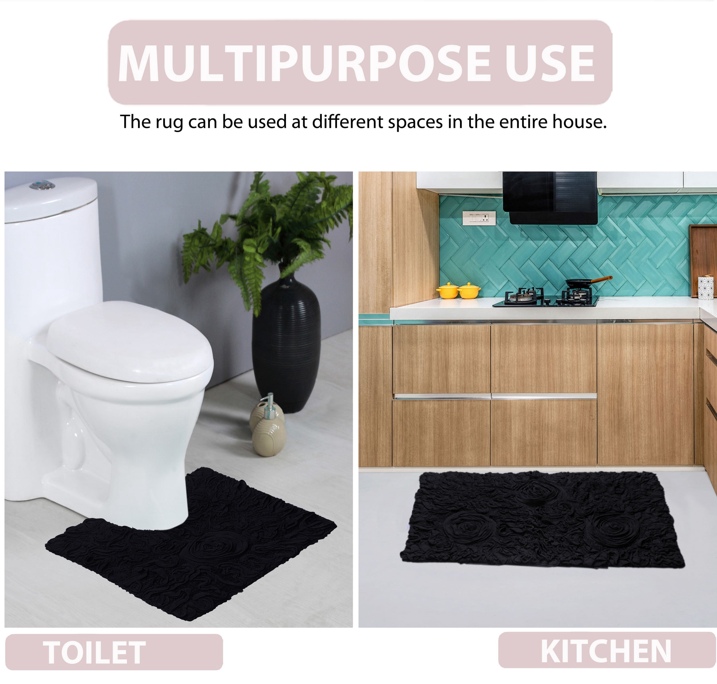 Home Weavers Bell Flower Collection 100% Cotton Non-Slip Bathroom Rug Set Machine Washable Bathroom Rug, Bath Rug, Bathroom Rug, Runner, Black Color 4 Piece Bath Rug set