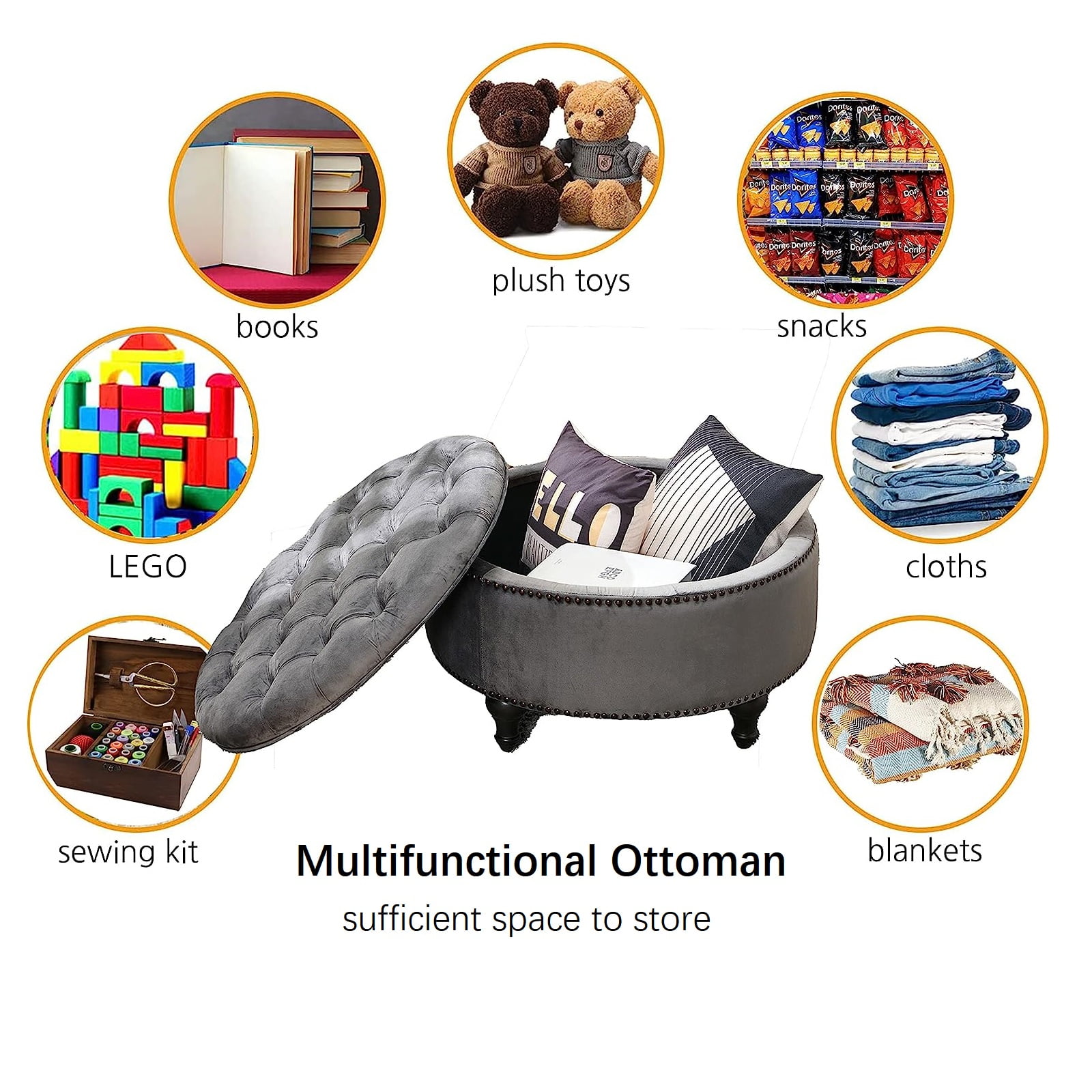 Upholstered 30" Round Storage Button Ottoman, Nail Head Tufted Seating, with Removable Lid Dark Grey