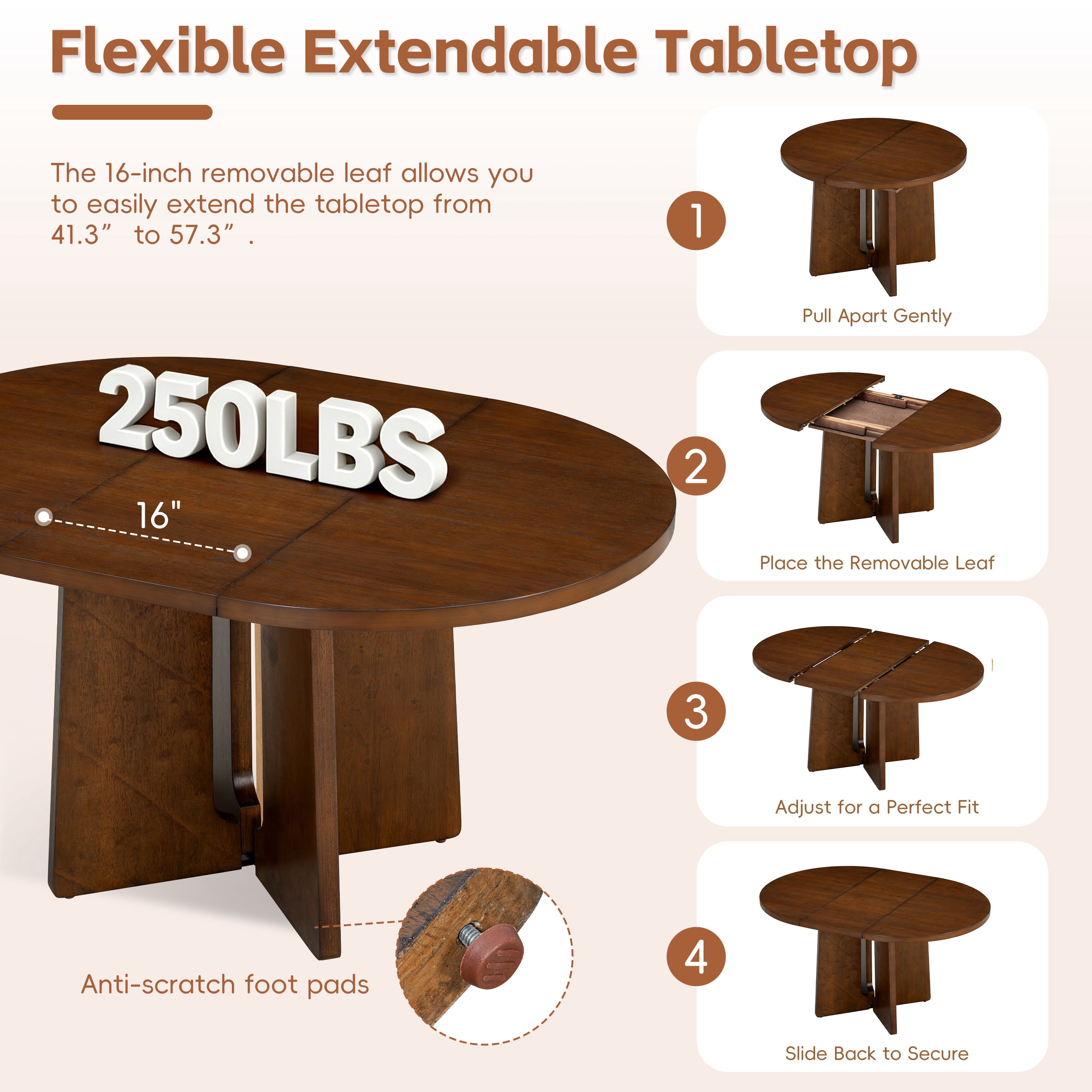 Euroco 5 Piece Wood Round Dining Table Set for 4, 41.3"-57.3" Extendable Kitchen Table Set with 4 Upholstered Chairs & Removable Leaf for Kitchen,Dining Room,Brown