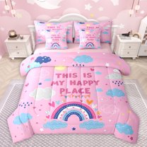 jejeloiu Boho Rainbow 7 Pieces Bedding Comforter Set,Colorful Stars Loves Full Bedding Set,Clouds Print Fitted Sheet Flat Sheet For Girls,Breathable Home Decor Reversible