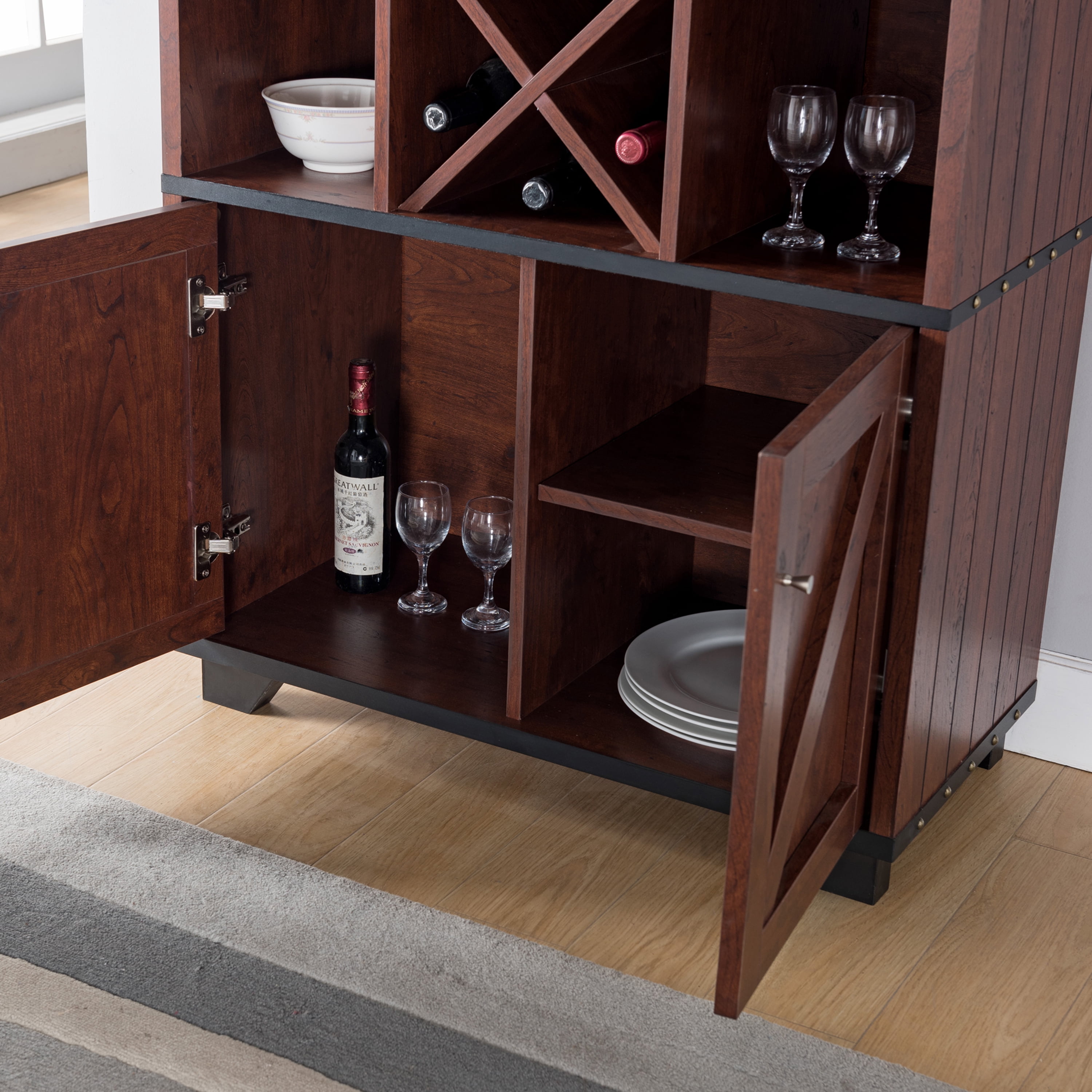 Furniture of America Bann Multi-Storage Wine Cabinet, Vintage Walnut