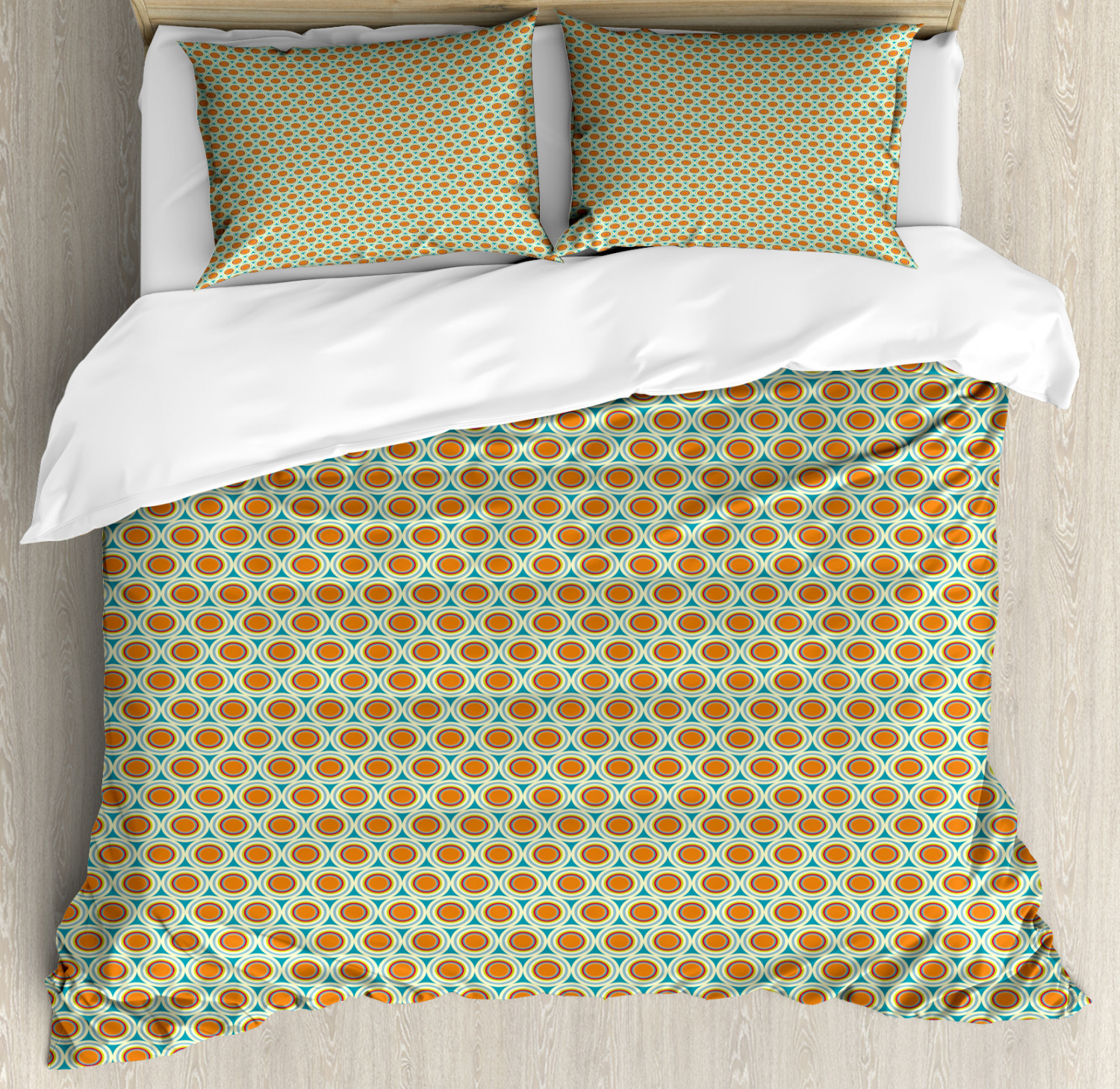 Retro Duvet Cover Set King Size, Vintage Geometrical Motifs Pattern