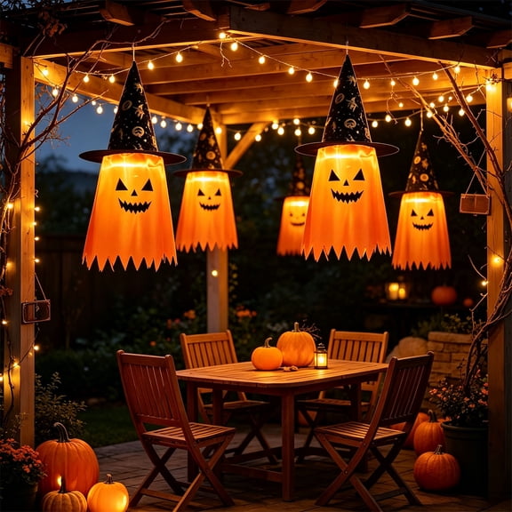 Halloween Decoration Clearance Under $15.00! Witch Hat Hanging Light With Ghost Face Lamp Battery Operated Halloween Decorations Indoor Outdoor For Porch Window Garden Party Spooky Atmospheres