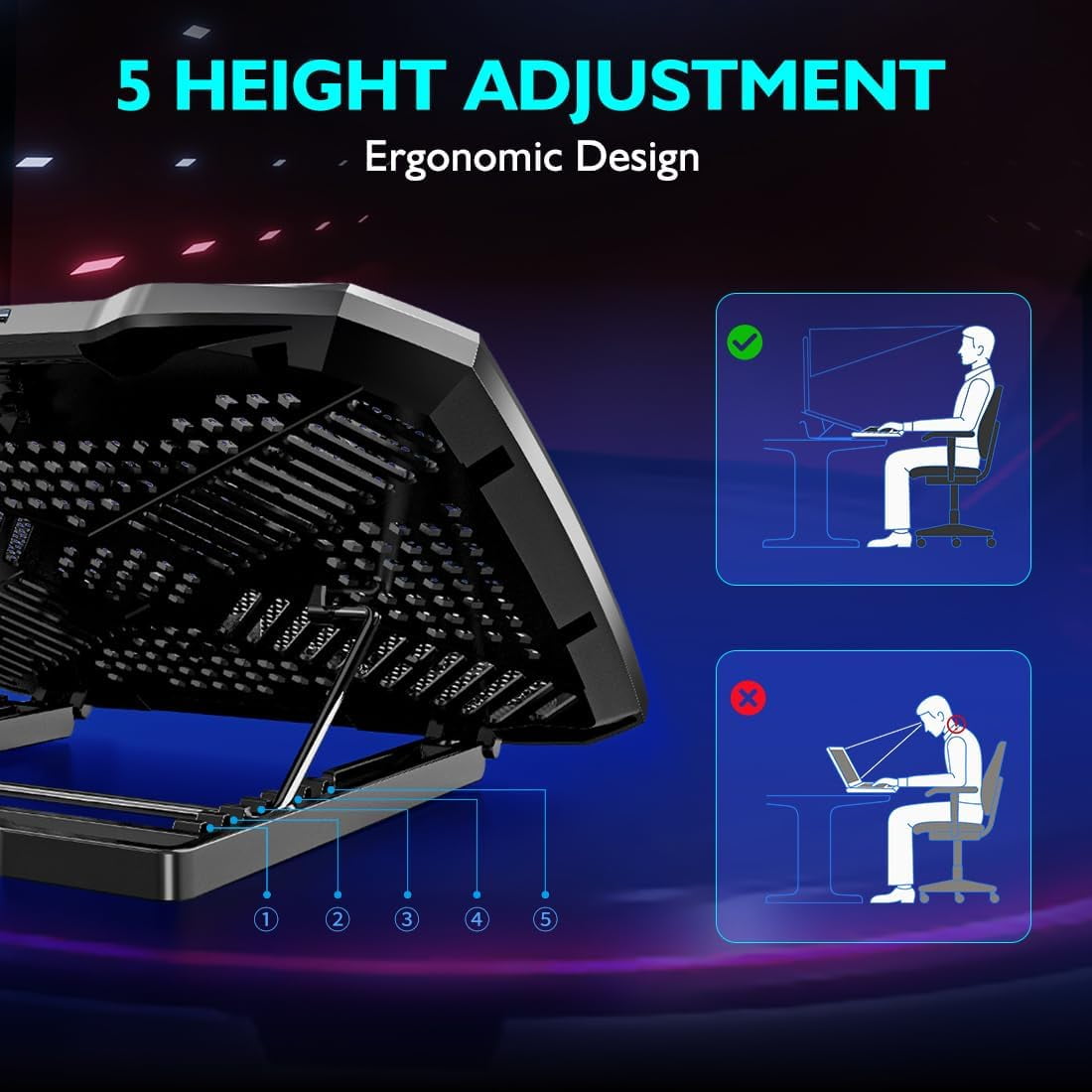 Laptop Cooling Pad Cooler Stand, Fan for 12-15.6 Inch Notebooks, 5 Quiet Fans, Angle Adjustable Stand (Black)