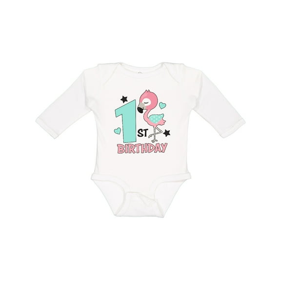 Inktastic 1st Birthday with Flamingo Stars and Hearts Girls Long Sleeve Baby Bodysuit