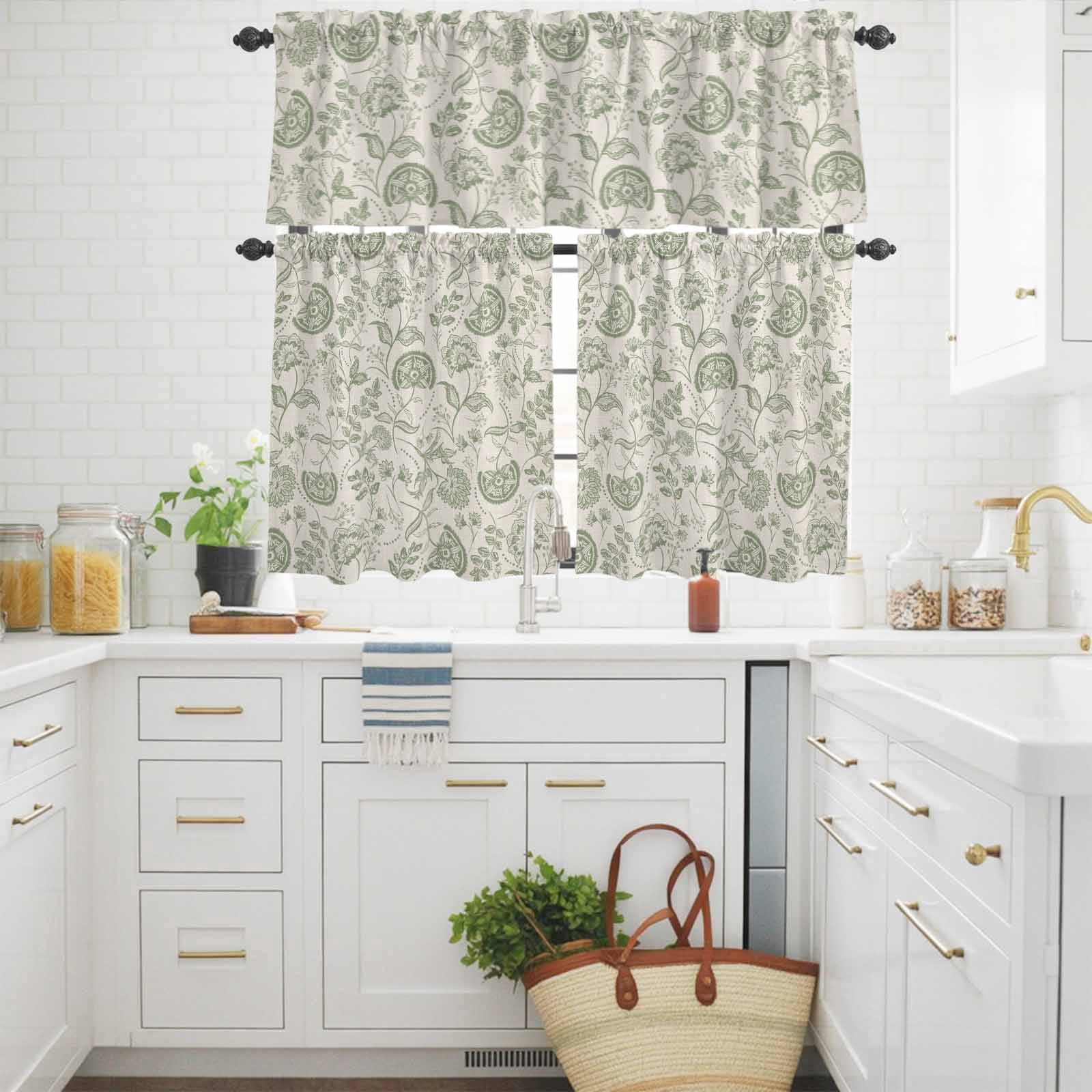 Farmhouse Sage Green Floral Kitchen Curtains Valances 3 Piece Set, Linen Boho Paisley Flower Rustic Rod Pocket Tier Curtain and Valance Drapes for Small Window 36 Inch Length for Bedroom Cafe