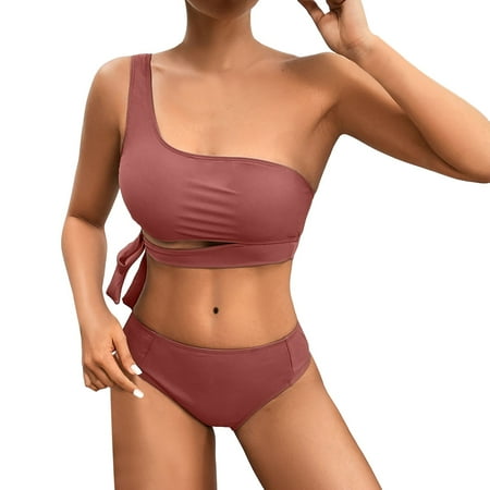 Sngxgn Women Swimsuit Bikini Set High Waisted Halter Tummy Control Print Bathing Suit(Coffee S)